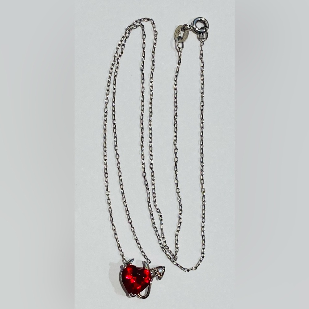Cute Devil Sterling Silver Red Stone CZ Pendant Necklace Valentines Day